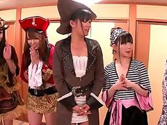 Japanese cosplay babes squirt in orgy