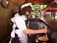 Shy brown haired jap babe Aimi Hoshii bakes pancakes