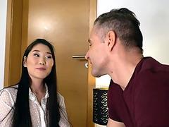 The Asian gal takes this studs cock like a champ and looks sexy as fuck