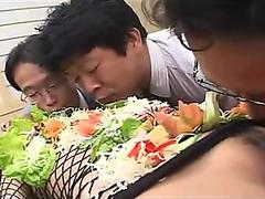 Japanese AV model turned into an edible table for horny guys